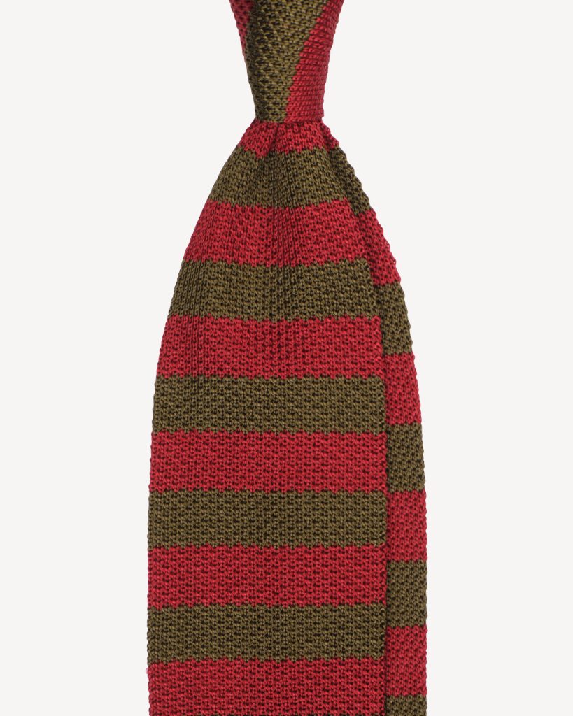 Knitted Classic Stripe Silk Tie - Olive/Red