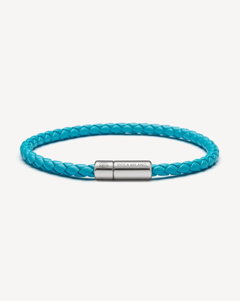 Italian Braided Leather bracelet With Silver Clasp - Turquoise